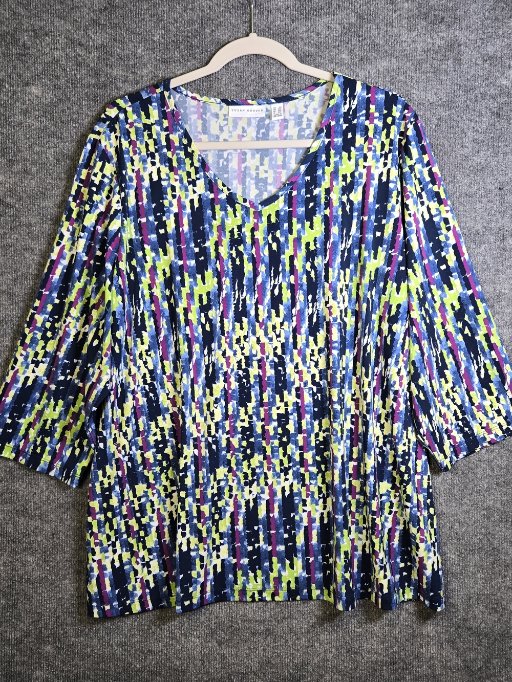 Susan Graver Top Womens 2X Blue Purple Liquid Knit Tunic Relaxed V Neck Artsy